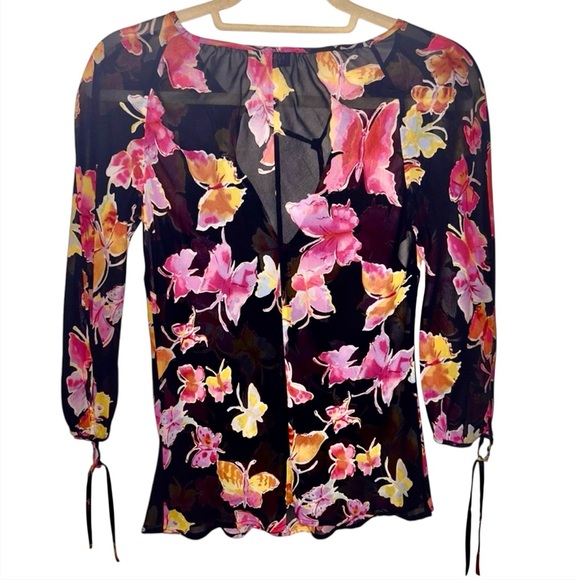 Moschino Y2K | 90s | 2000’s | Butterfly Print Sheer Blouse | Black + Pink - Picture 6 of 8
